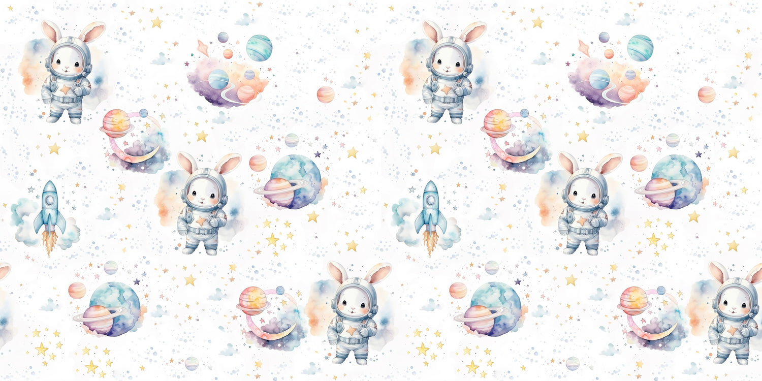 Space bunny wallpaper design file showing watercolor astronaut bunnies and pastel planets pattern