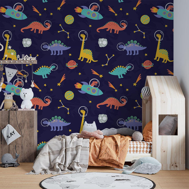 Space dinosaur wallpaper bringing magic to a modern kids bedroom, with soft lighting highlighting the playful design