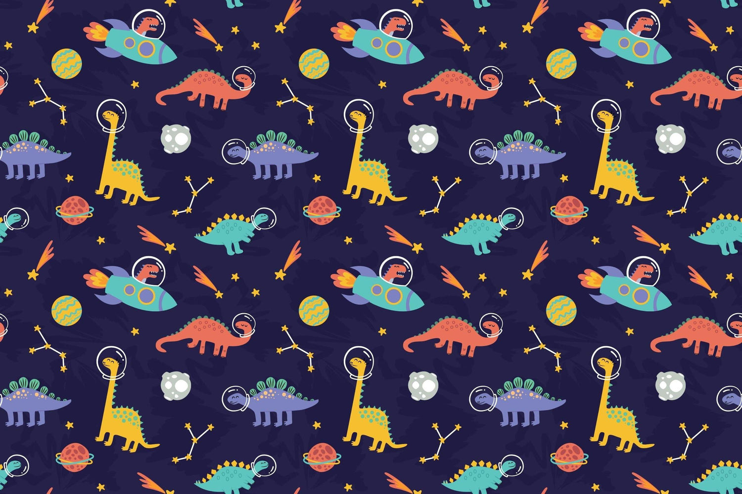 Design file of playful astronaut dinosaurs floating in space with planets and stars