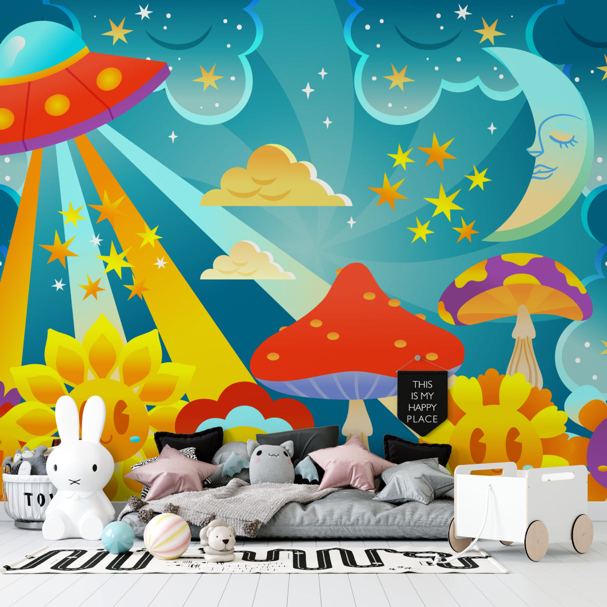 Space fantasy wallpaper bringing magic to a modern kids bedroom, with UFO and glowing mushrooms