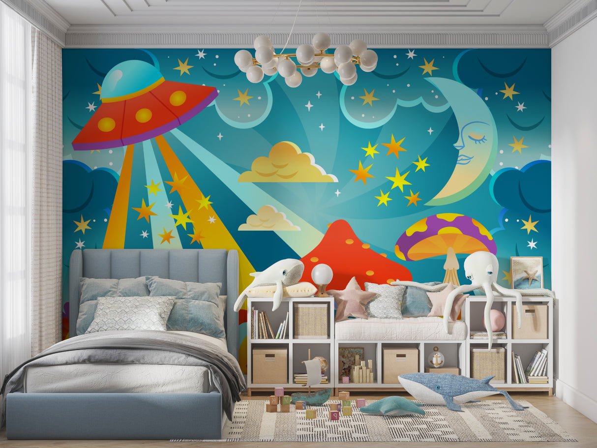 Playroom transformed with magical space wall mural featuring UFOs and dreamy night sky