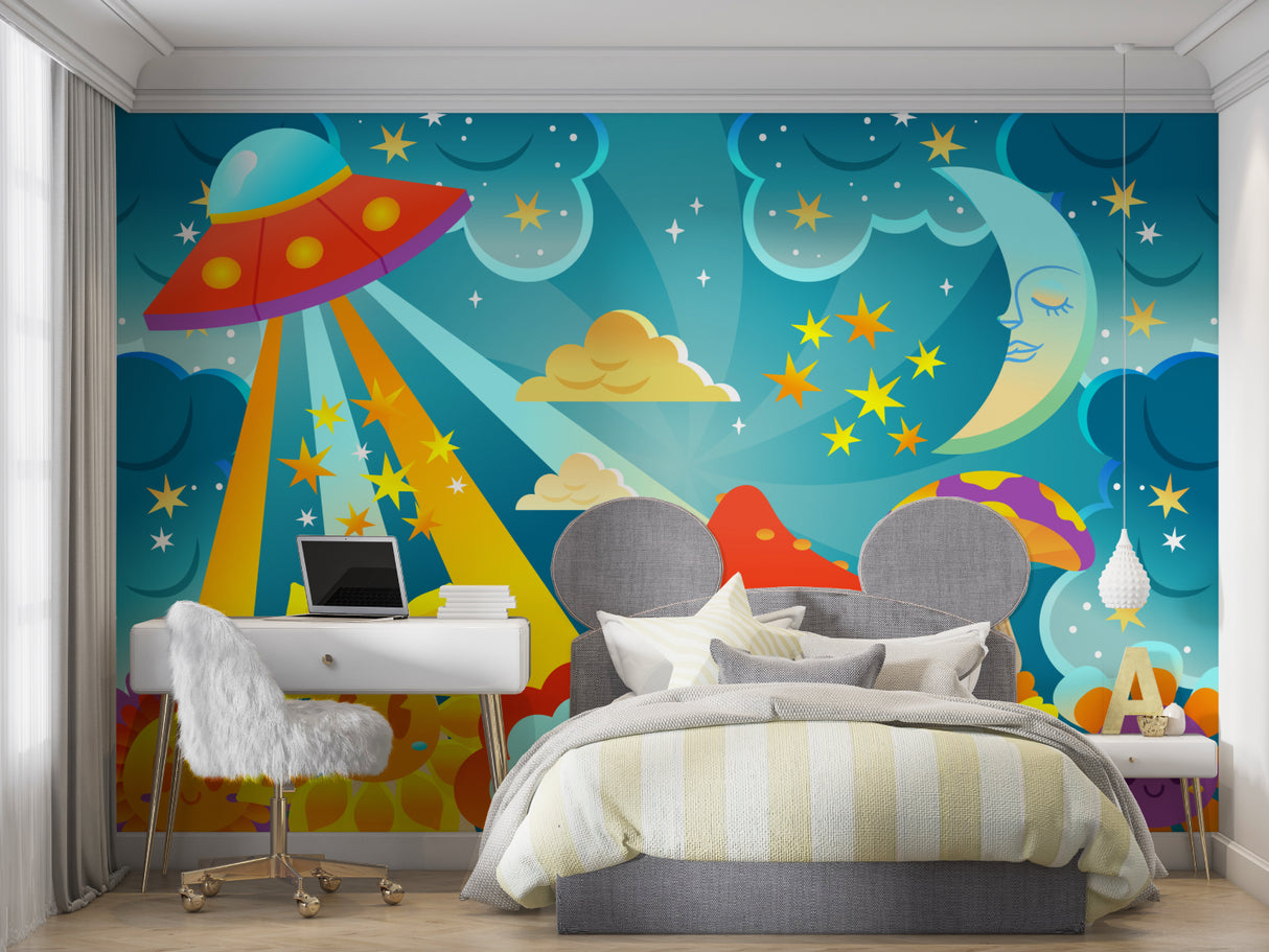Nursery wall decorated with whimsical UFO and mushroom fantasy wallpaper
