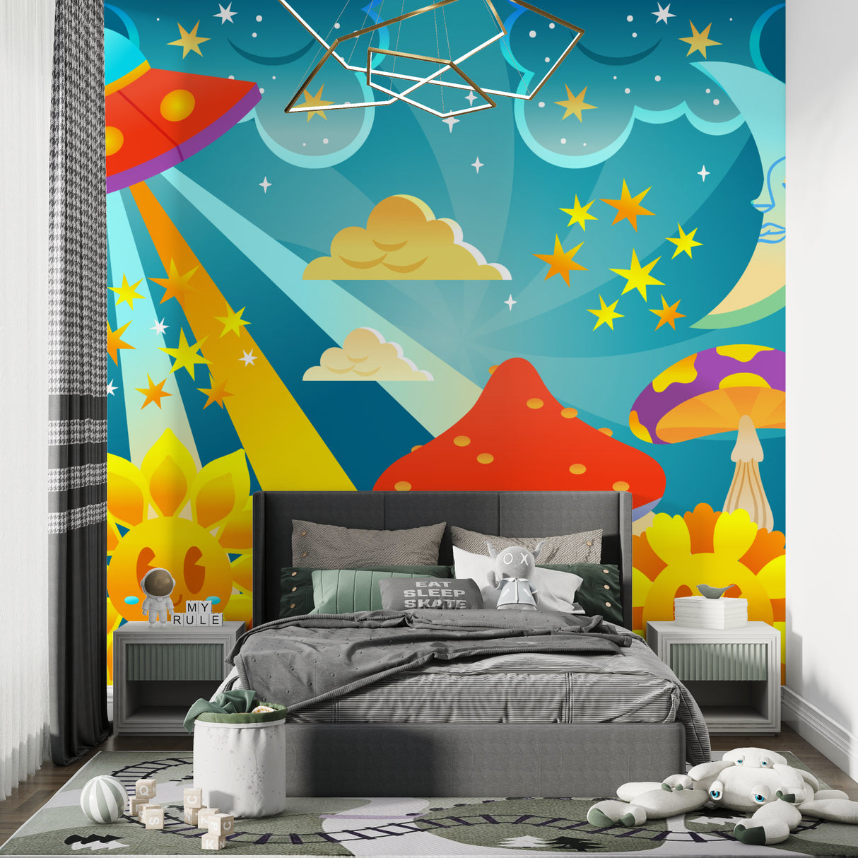 Reading nook enhanced by space fantasy wall mural with magical night scene