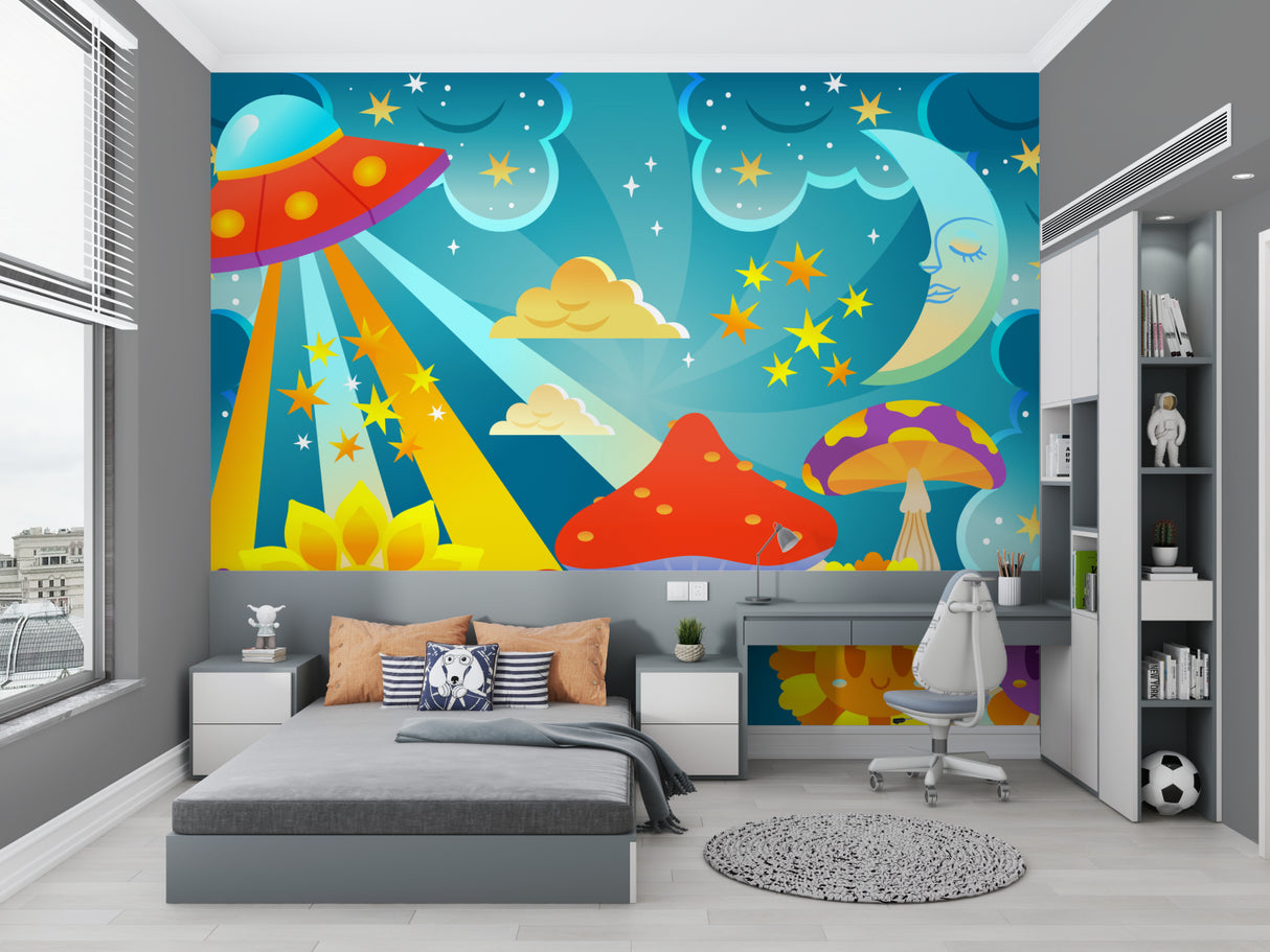 Game room featuring cosmic fantasy wallpaper with UFOs and glowing elements