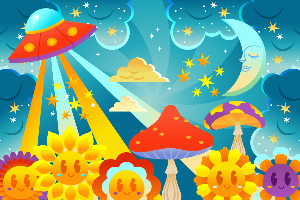Space fantasy wallpaper design file showing detailed UFO and mushroom pattern in vibrant colors