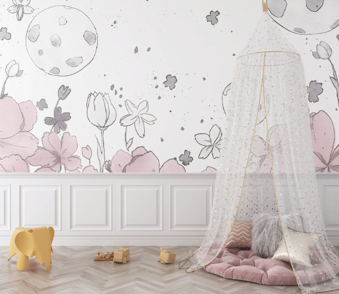 Moon and flower wallpaper in a cozy reading nook with soft lighting