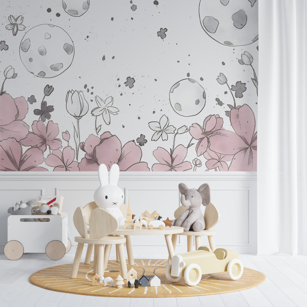 Celestial floral wall mural bringing charm to a baby girl's room
