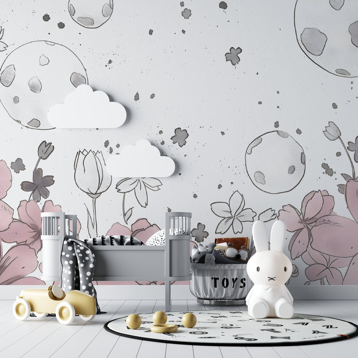 Floral moon wallpaper paired with minimal children's furniture
