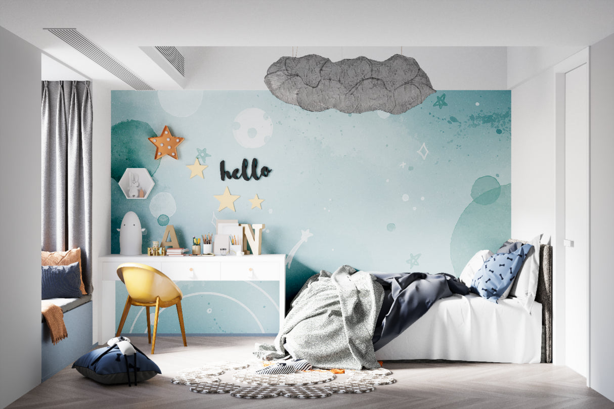 Celestial mural wallpaper in playroom setting with white furniture highlighting cosmic design