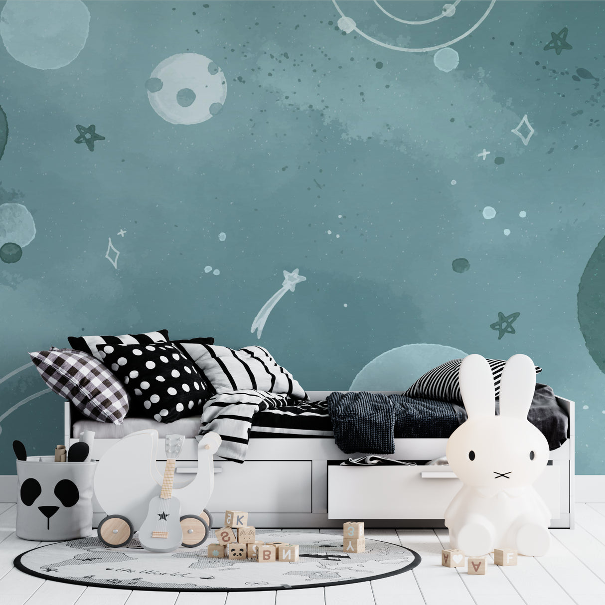Space theme wallpaper in study corner showing scale and detail of celestial pattern
