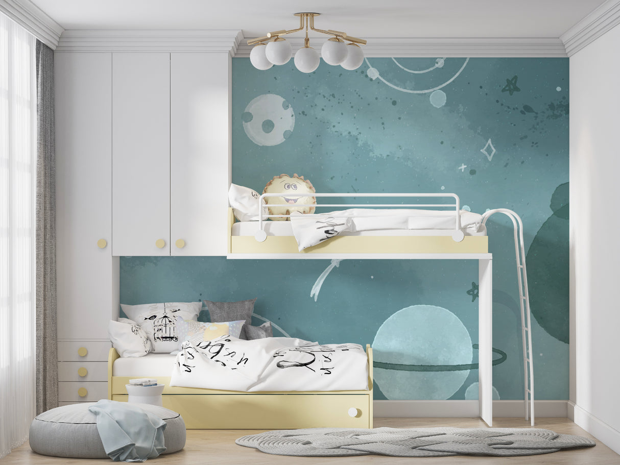 Galaxy mural installation in reading nook demonstrating the calming blue tones