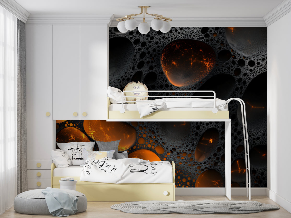 Space mural wallpaper creating a stunning accent wall in a modern gaming room with orange ambient lighting