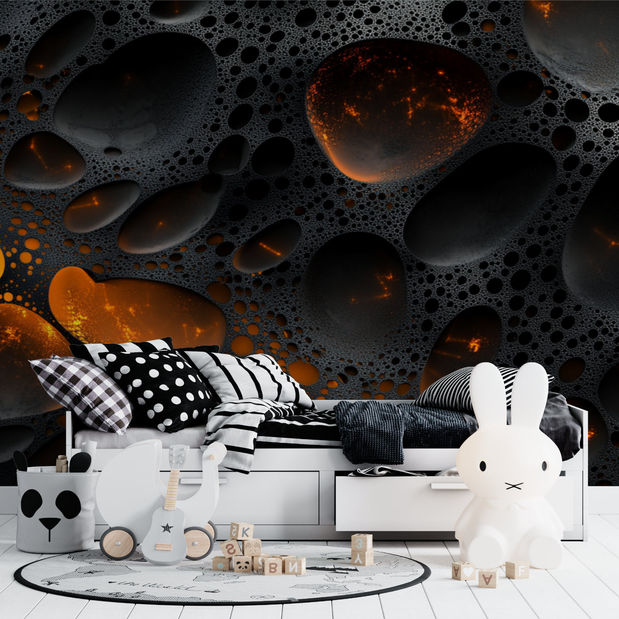 Dark galaxy wallpaper with orange accents making a bold statement in a teen bedroom