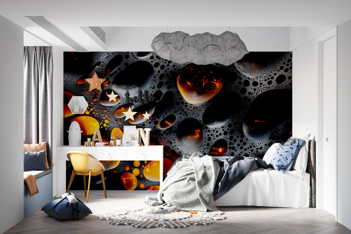 Space themed wallpaper transforming a home office with cosmic abstract design