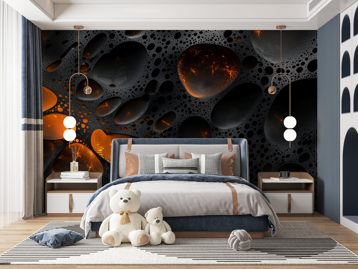 Galaxy wallpaper installation showcasing floating spheres in a modern living room