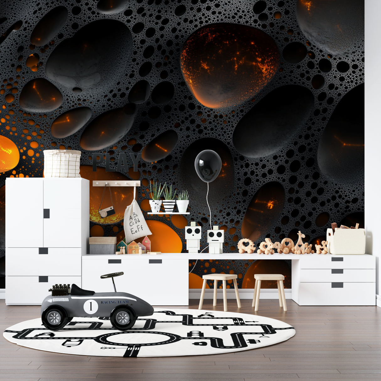 Abstract space mural creating depth in a minimalist bedroom setting