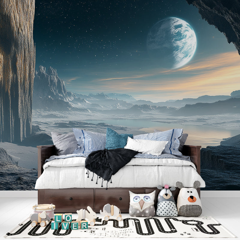 Cosmic desert wallpaper creating depth in minimalist bedroom setting