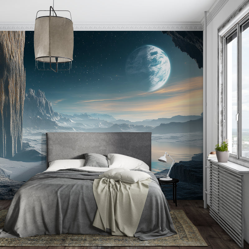 Space themed wall mural transforming home office with planet view
