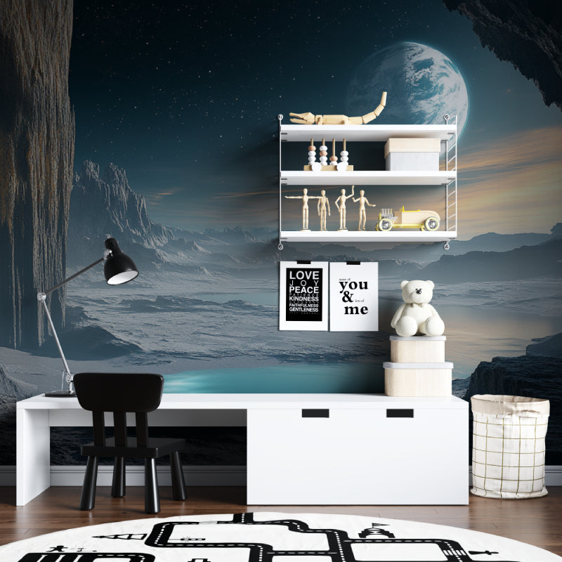 Planet landscape mural adding drama to modern dining room