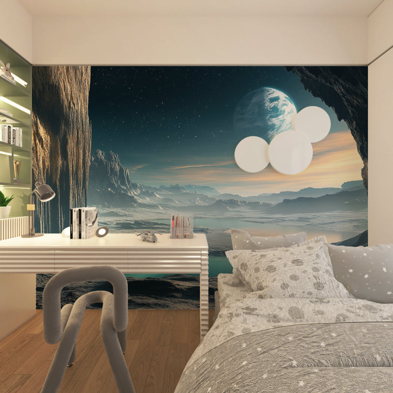 Celestial desert wallpaper creating atmosphere in gaming room