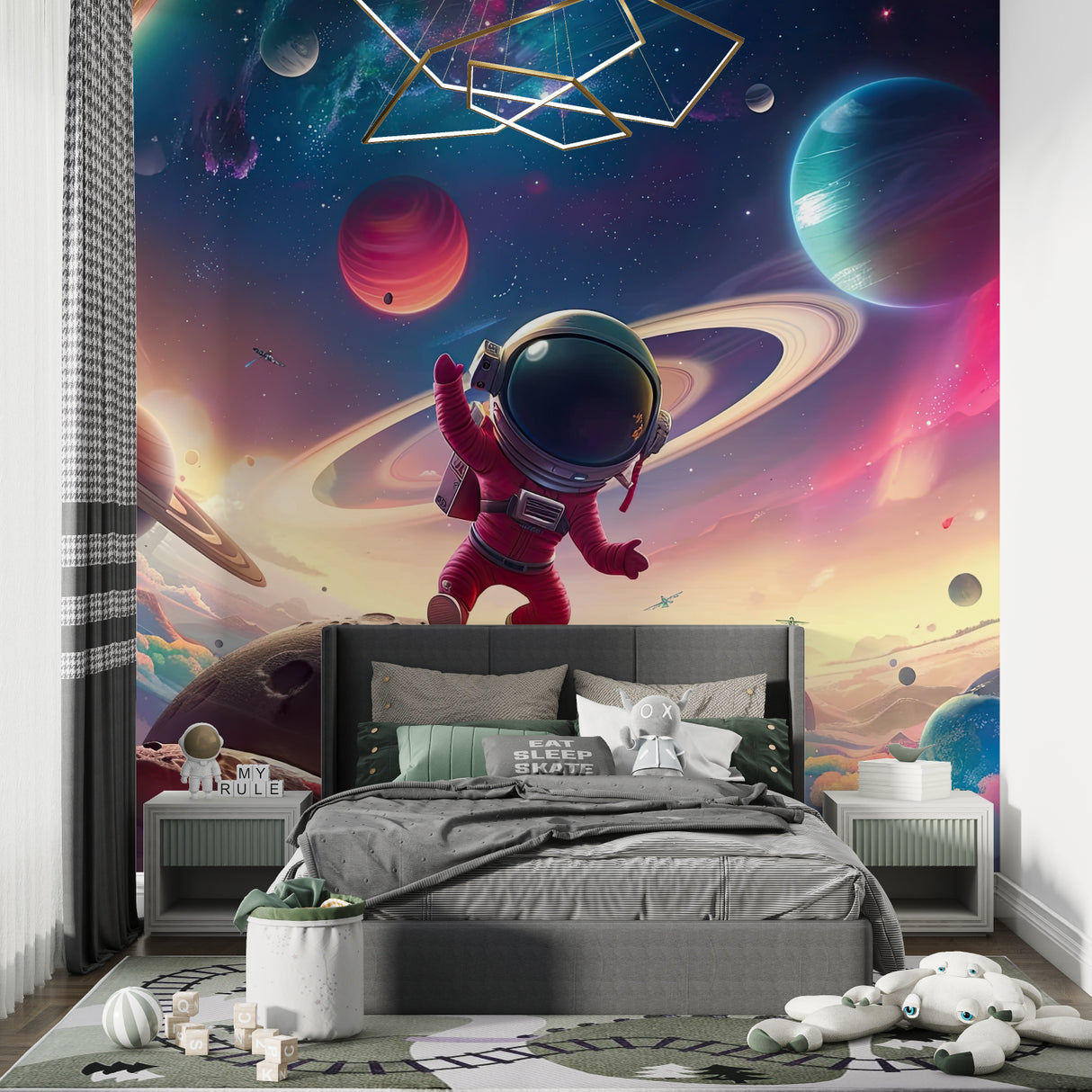 Galaxy wallpaper with astronaut design making statement in modern home office