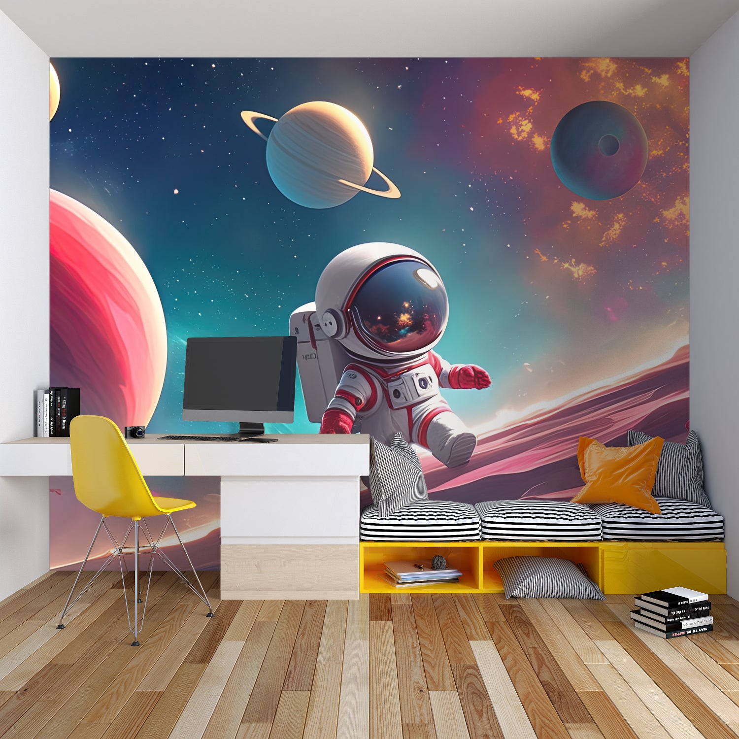 Galaxy mural wallpaper making a stunning impact in a modern home office