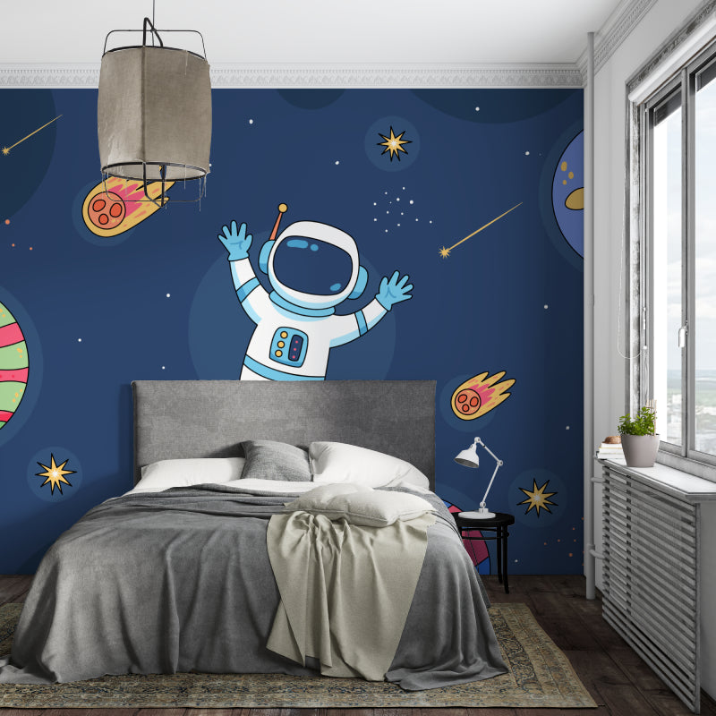 Astronaut wall mural featured in cozy playroom with reading nook and space-themed decor