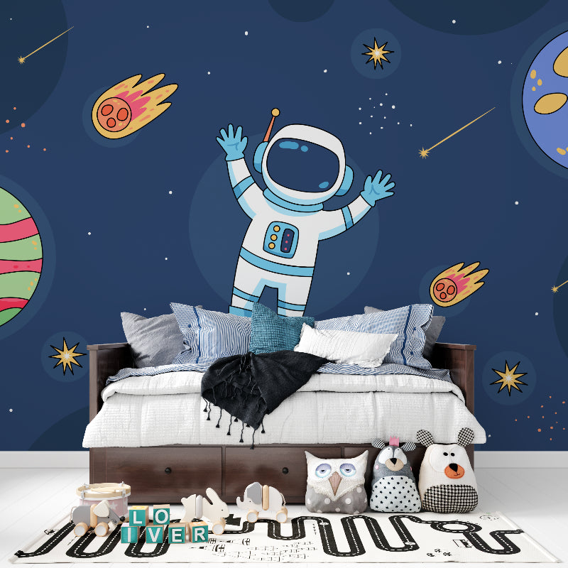 Kids space wallpaper transforms study area with cosmic adventure scene and meteor details