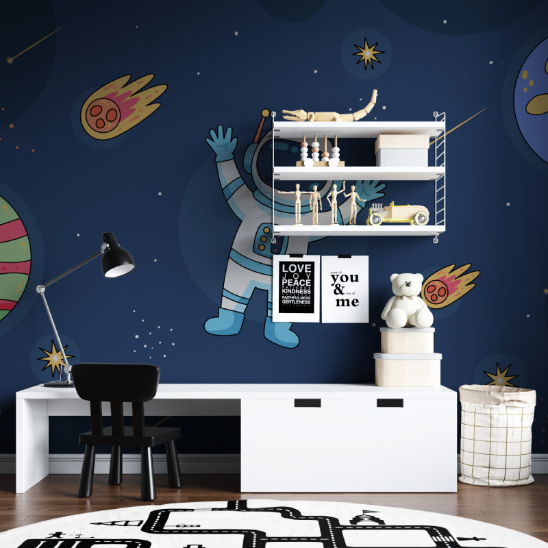 Space themed wallpaper brings galactic charm to nursery with floating astronaut and stars