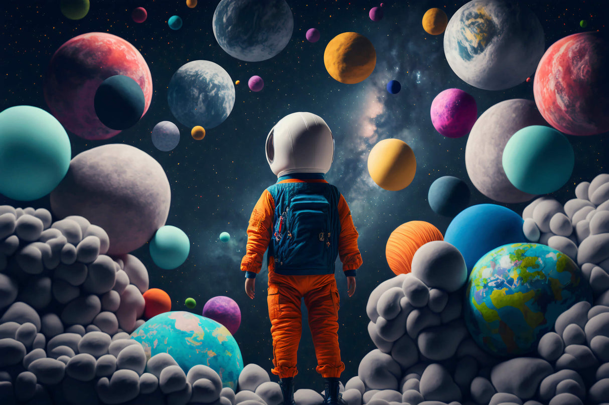 Design file of astronaut floating among vibrant planets in space wallpaper pattern