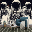 Space Mural Wallpaper featuring astronaut design in modern home office, creating a bold black and white focal wall