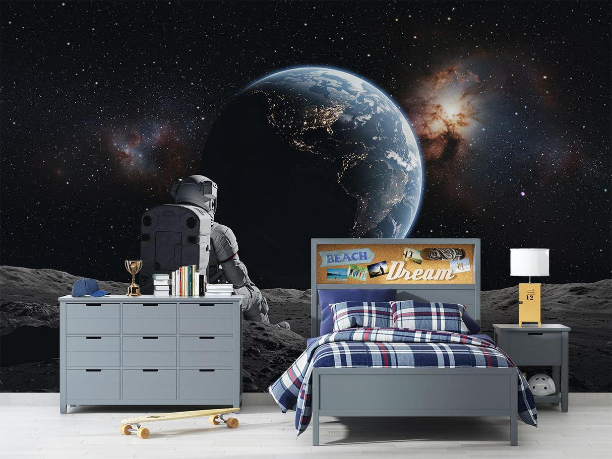 Space wallpaper in modern bedroom showing astronaut and Earth view, creating an immersive cosmic atmosphere