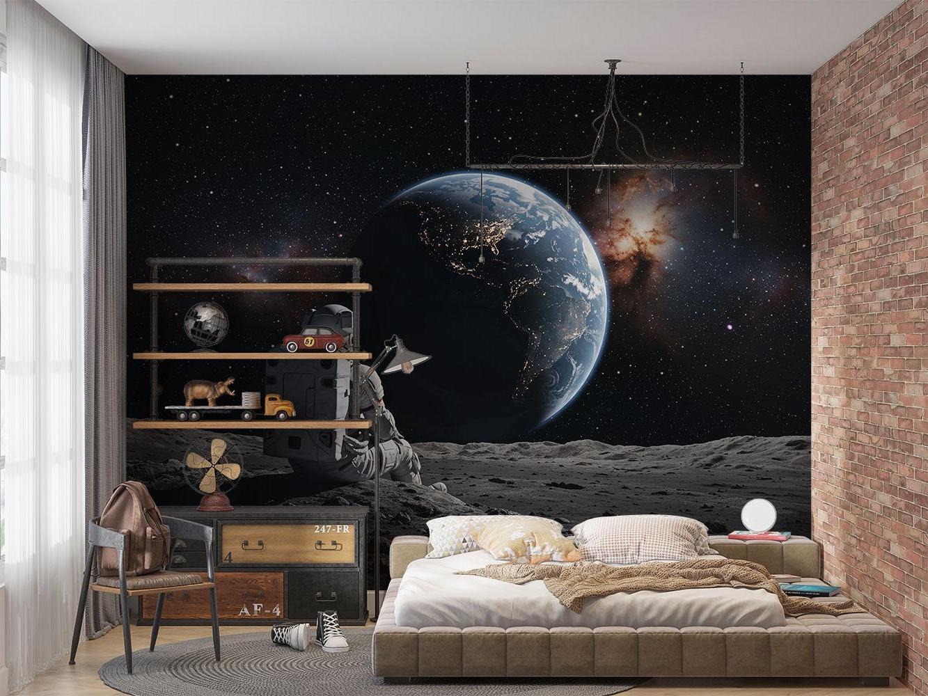 Kids room transformed with space exploration wallpaper featuring lunar landing scene