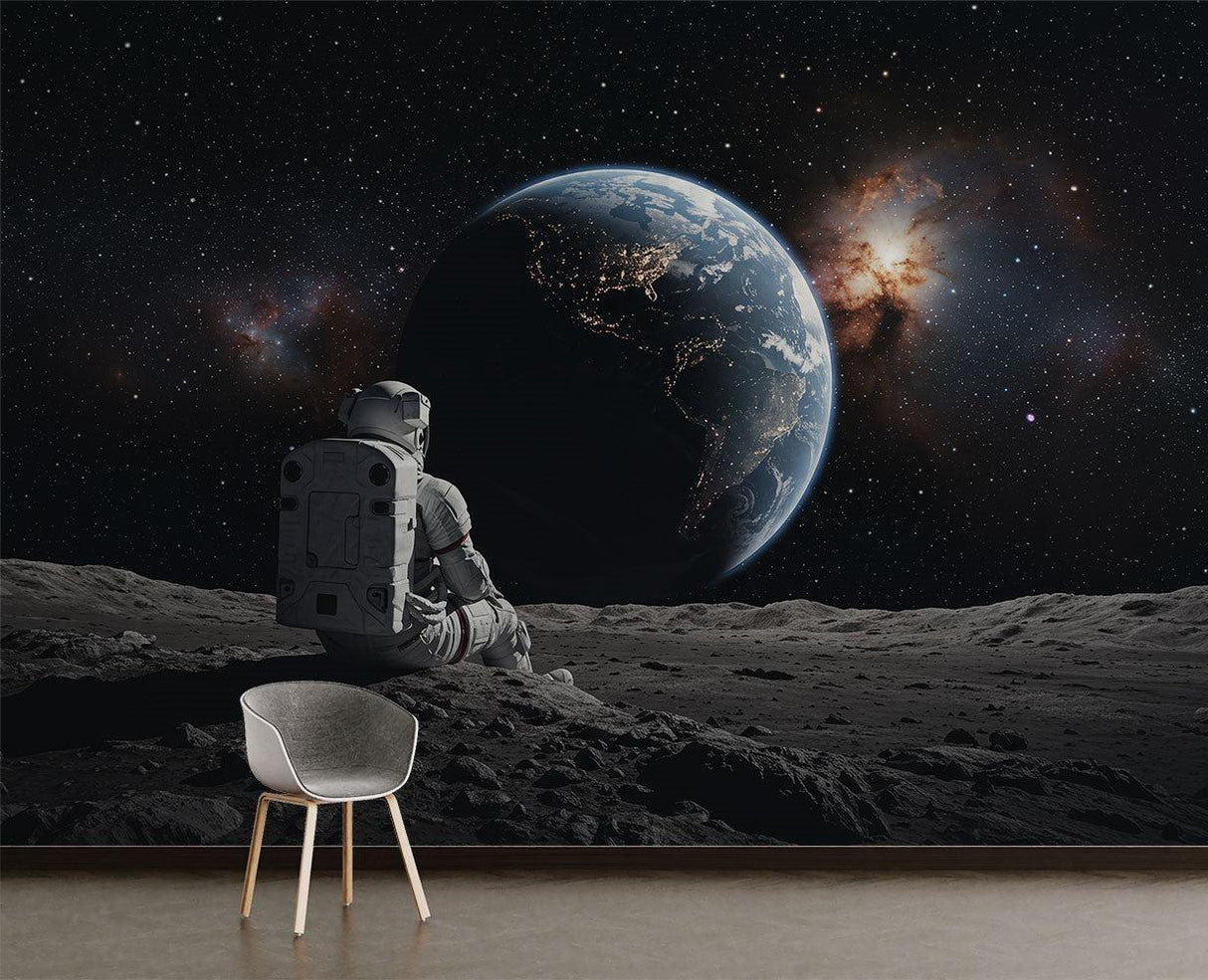 Home office featuring astronaut moon landing wallpaper making a bold statement wall