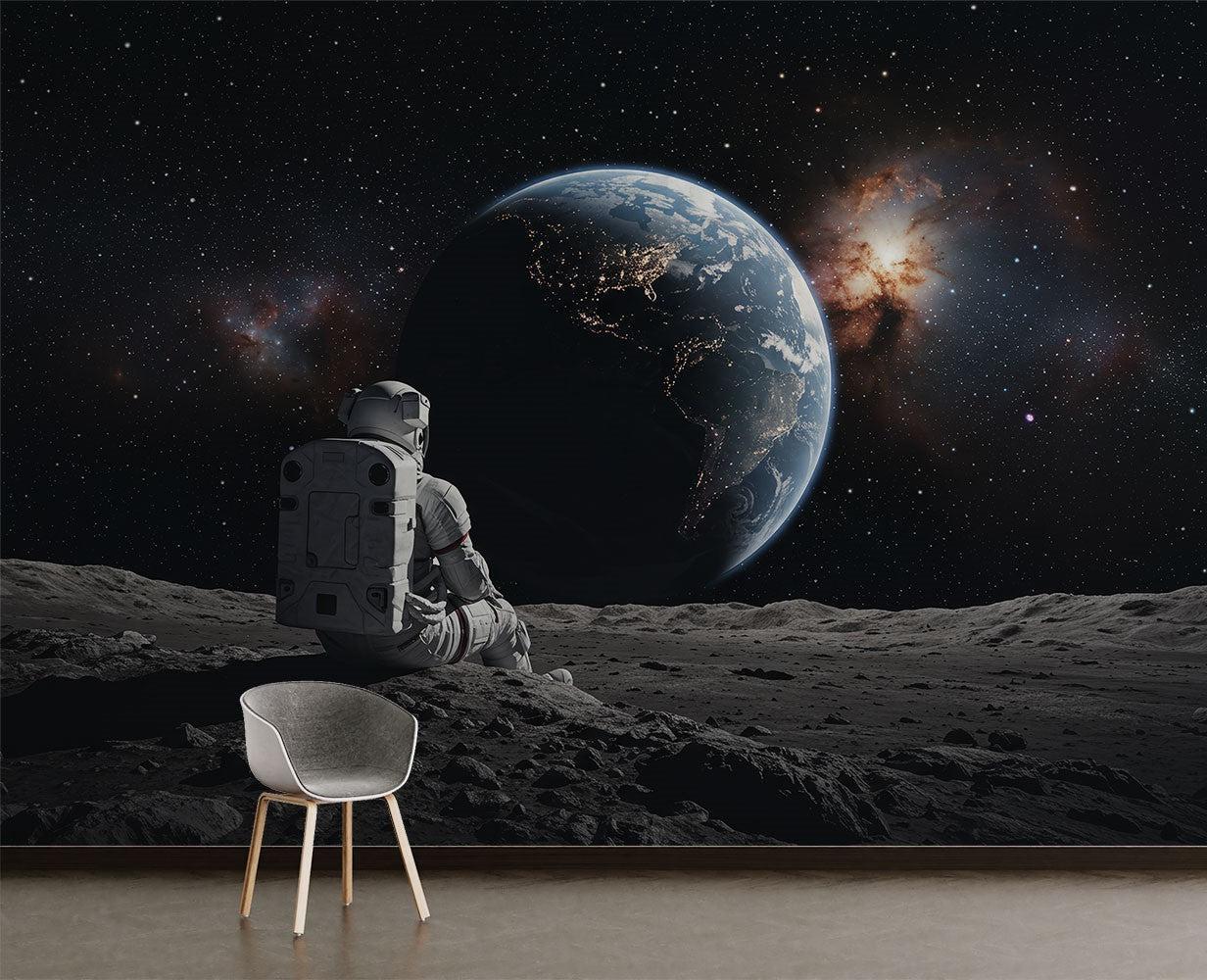 Home office featuring astronaut moon landing wallpaper making a bold statement wall