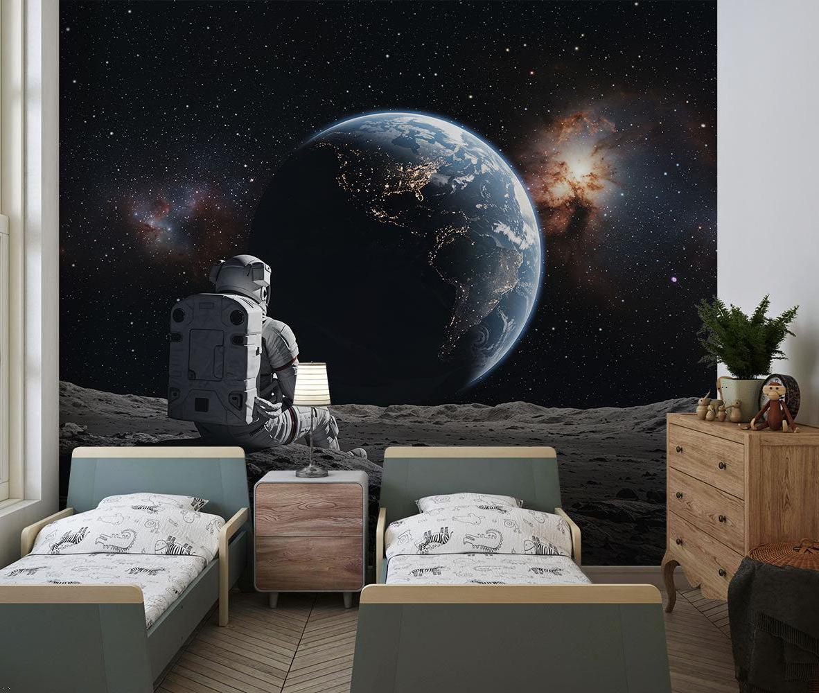 Gaming room with space mural wallpaper showing Earth view from moon surface