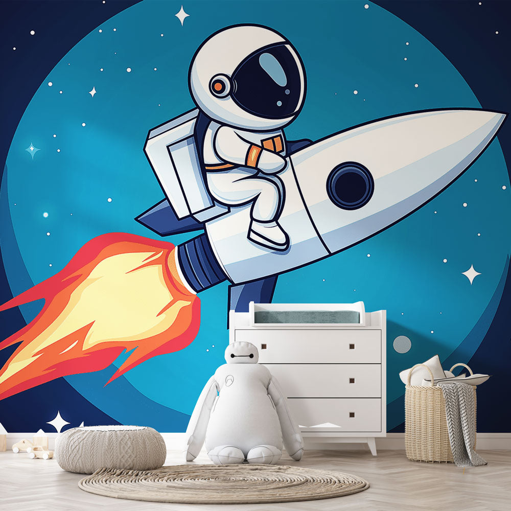 Space adventure wallpaper with astronaut and rocket shown in a bright kids bedroom, creating an engaging learning environment