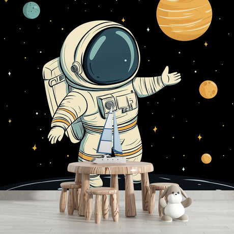 Space exploration wallpaper in modern kids bedroom showing floating astronaut and planets, perfect for inspiring young minds