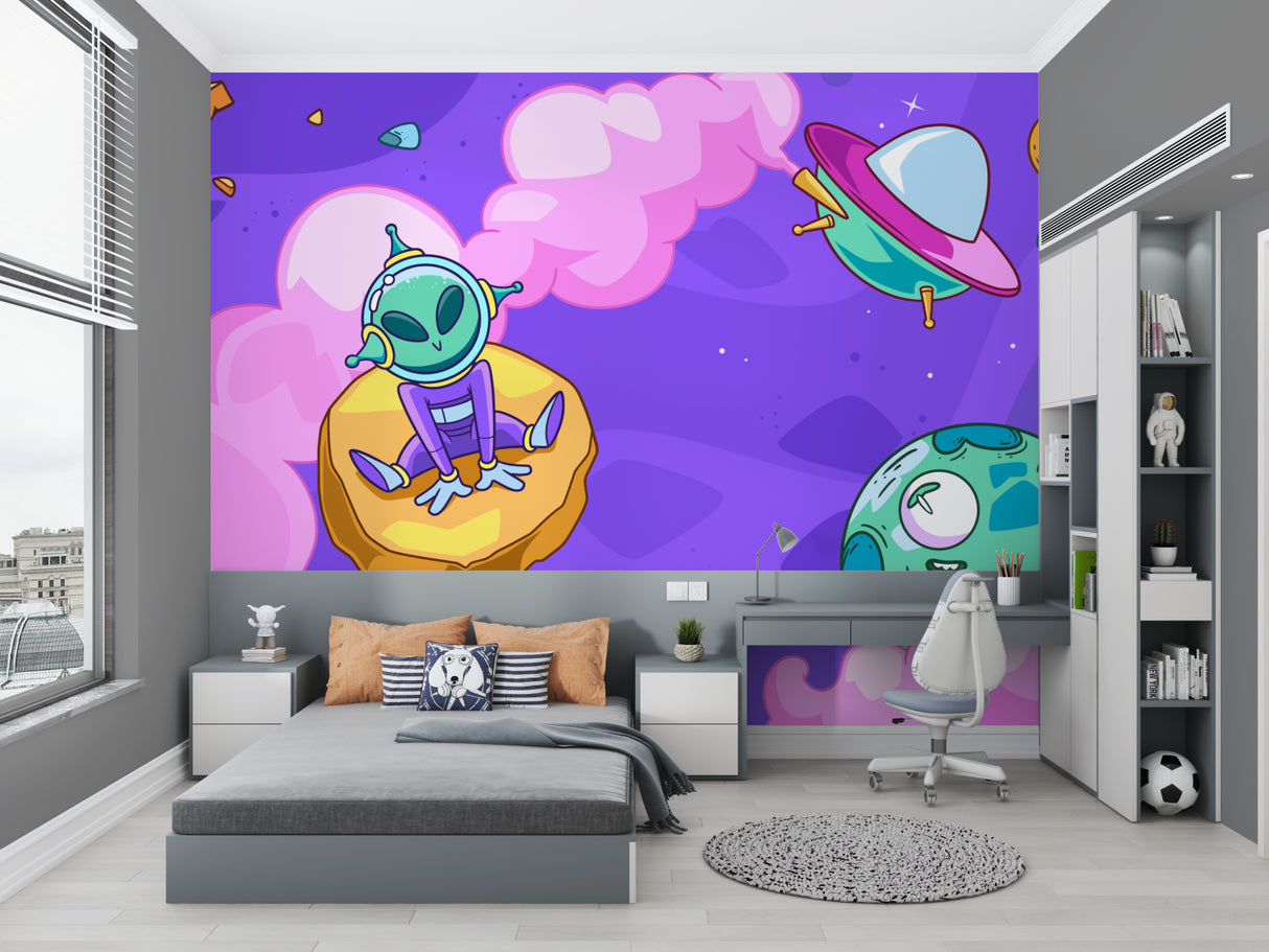 Space theme wallpaper with cartoon aliens shown in bright modern kids bedroom, purple and turquoise color scheme