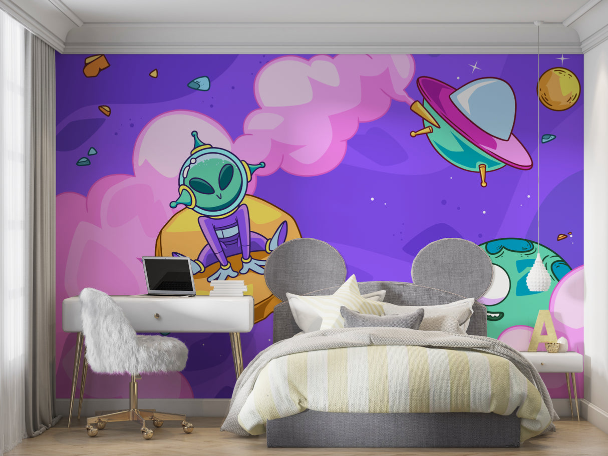 Playful alien wallpaper displayed in cozy nursery setting with fun space theme decor