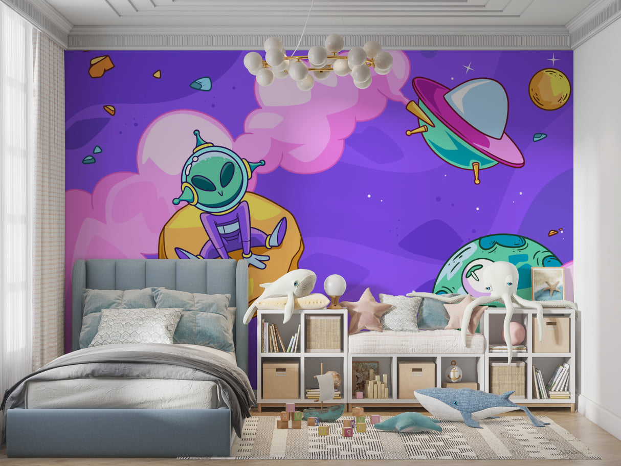 Space mural wallpaper bringing character to playroom with vibrant UFO and alien design