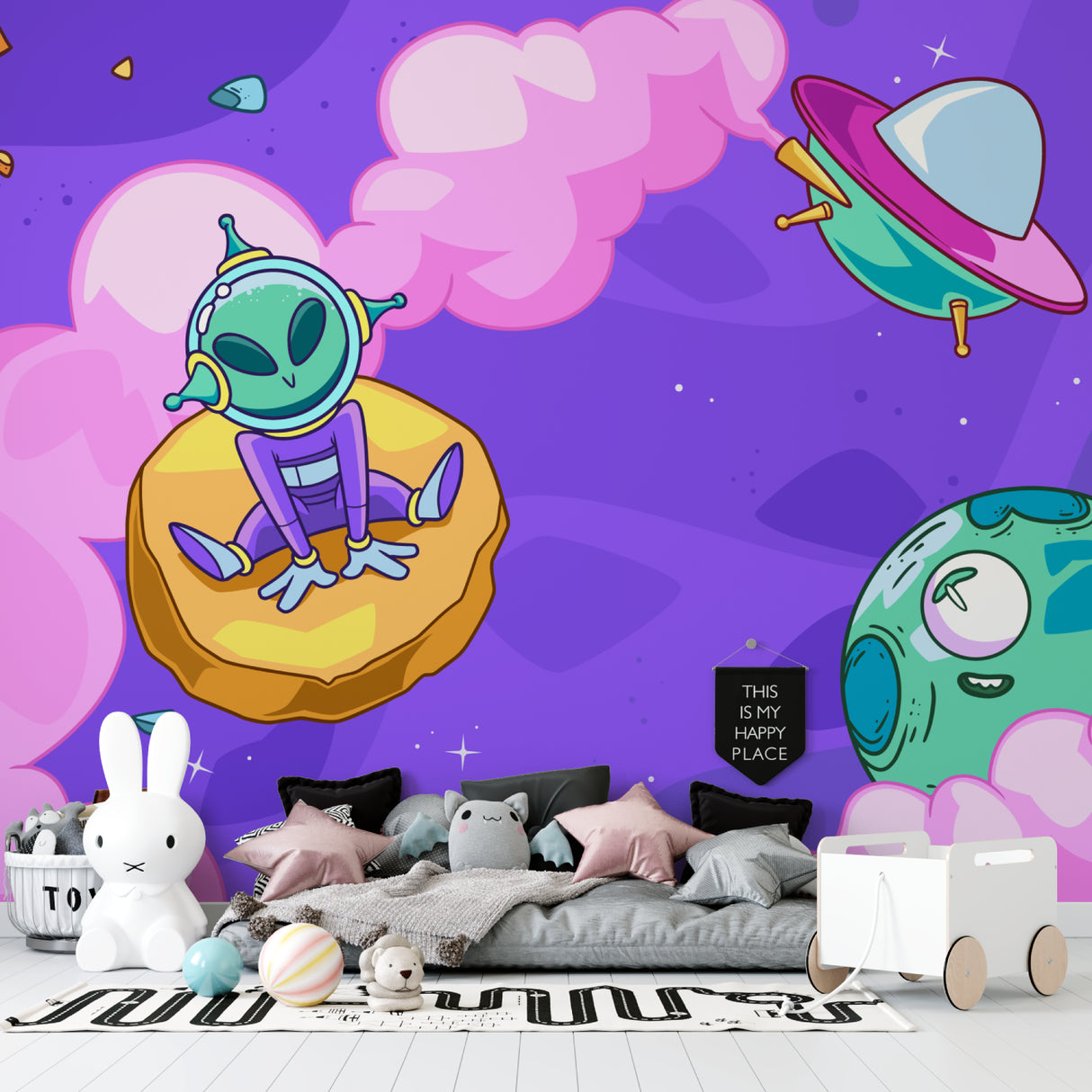 Cartoon space wallpaper creating magical atmosphere in children's study corner
