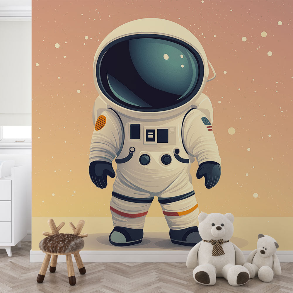 Space themed kids room with cartoon astronaut wallpaper mural showing a playful space explorer floating among stars