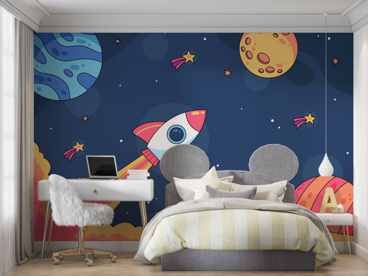 Rocket ship wallpaper creating magical atmosphere in modern nursery with white furniture