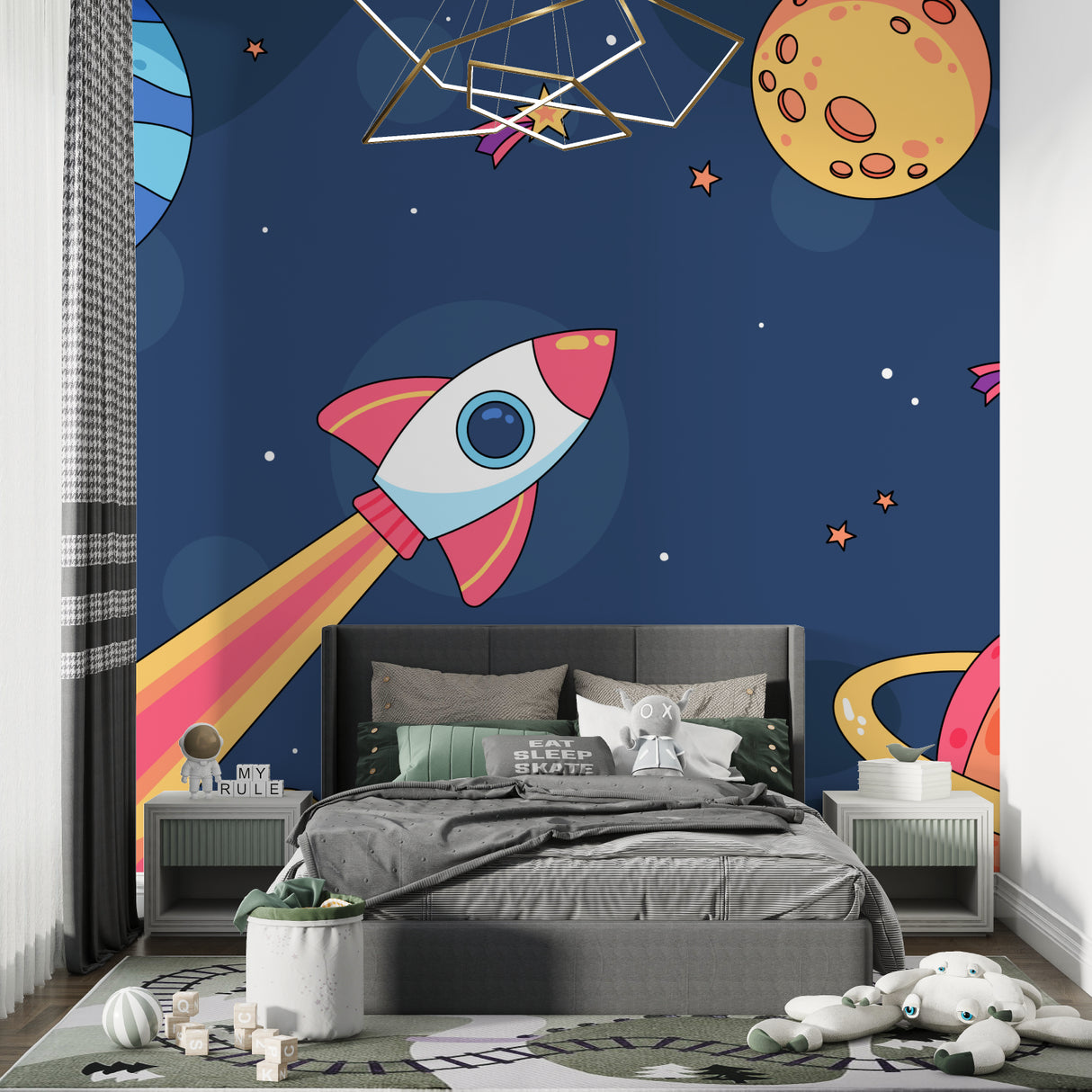 Kids space wallpaper bringing cosmic adventure to study area with desk setup