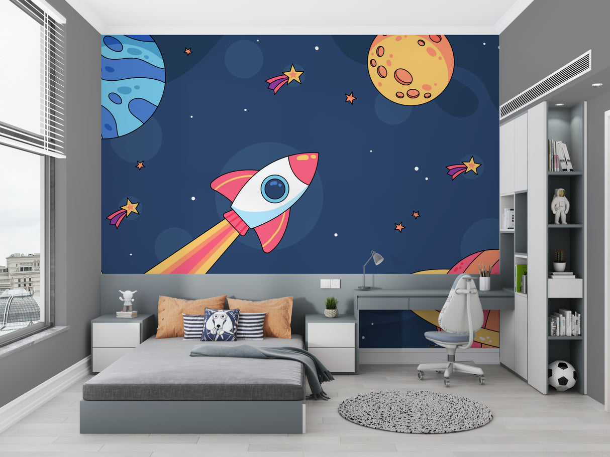 Cartoon space mural installation in child's reading nook with cozy seating