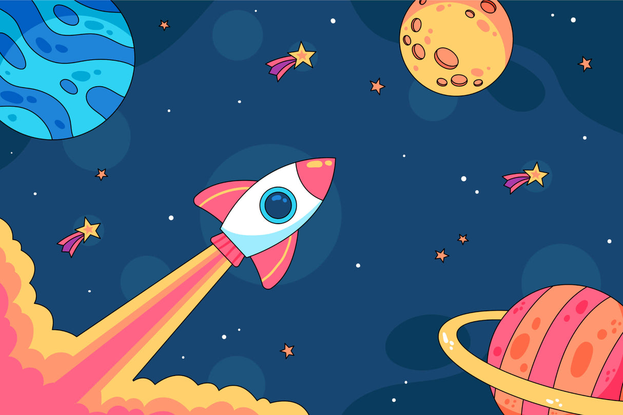 Space rocket wallpaper design file showing full pattern with planets and stars