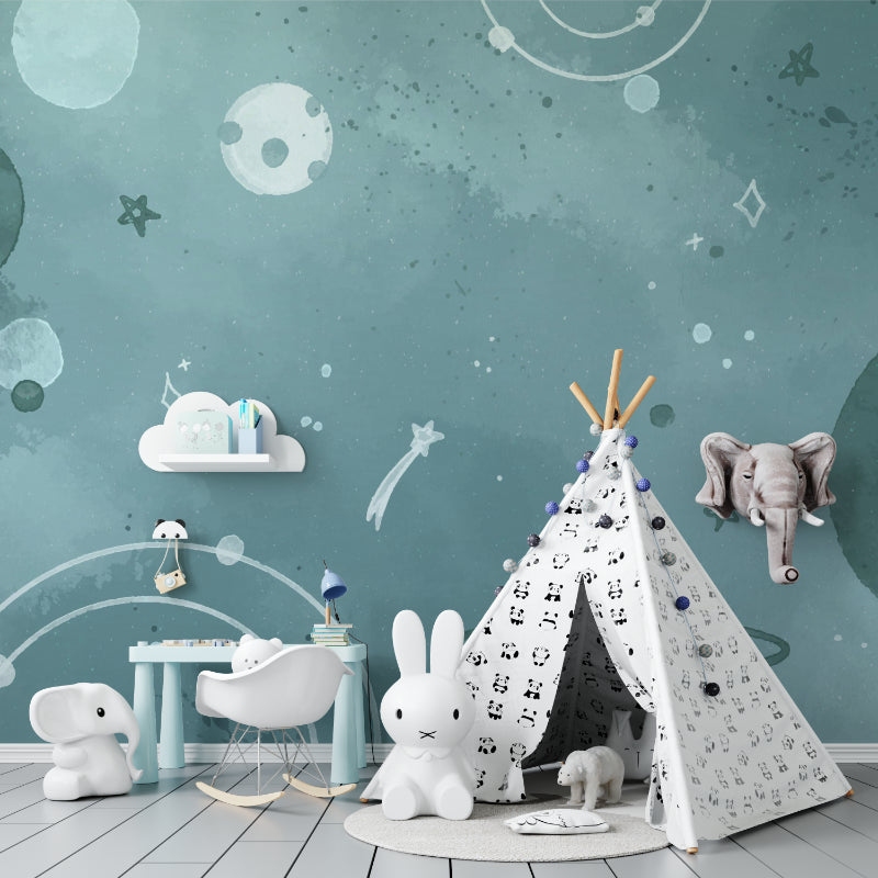 Space theme wallpaper creating a magical atmosphere in a modern bedroom with soft star patterns