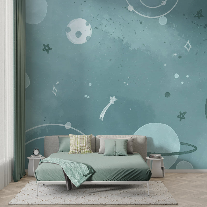 Night sky mural creating depth in a teen's study room