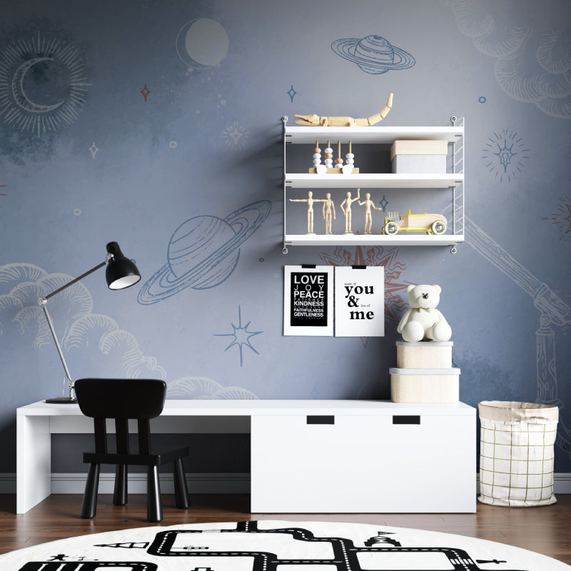 Space theme wallpaper bringing cosmic wonder to a modern kids bedroom with glowing planets and stars